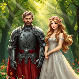 A noble knight and a princess standing together in a lush, enchanted forest