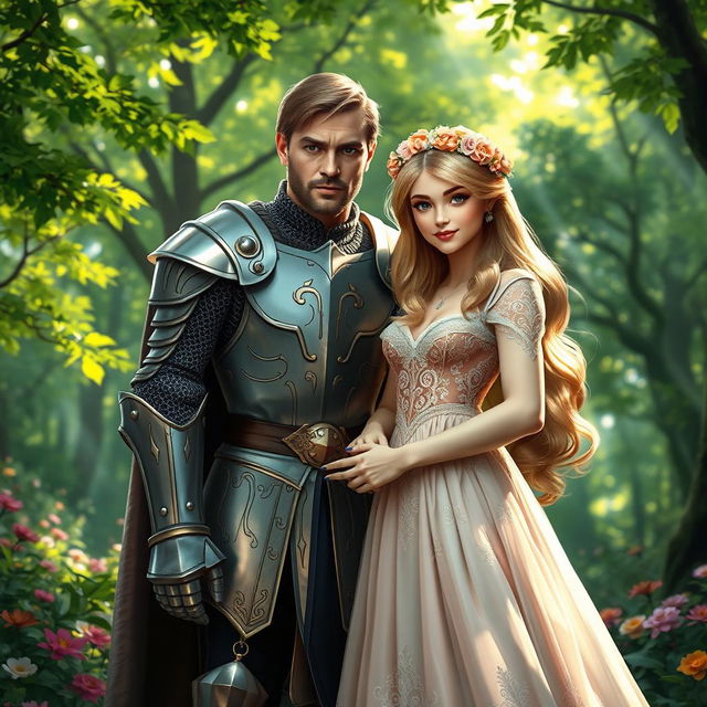 A noble knight and a princess standing together in a lush, enchanted forest