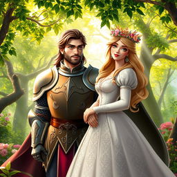 A noble knight and a princess standing together in a lush, enchanted forest