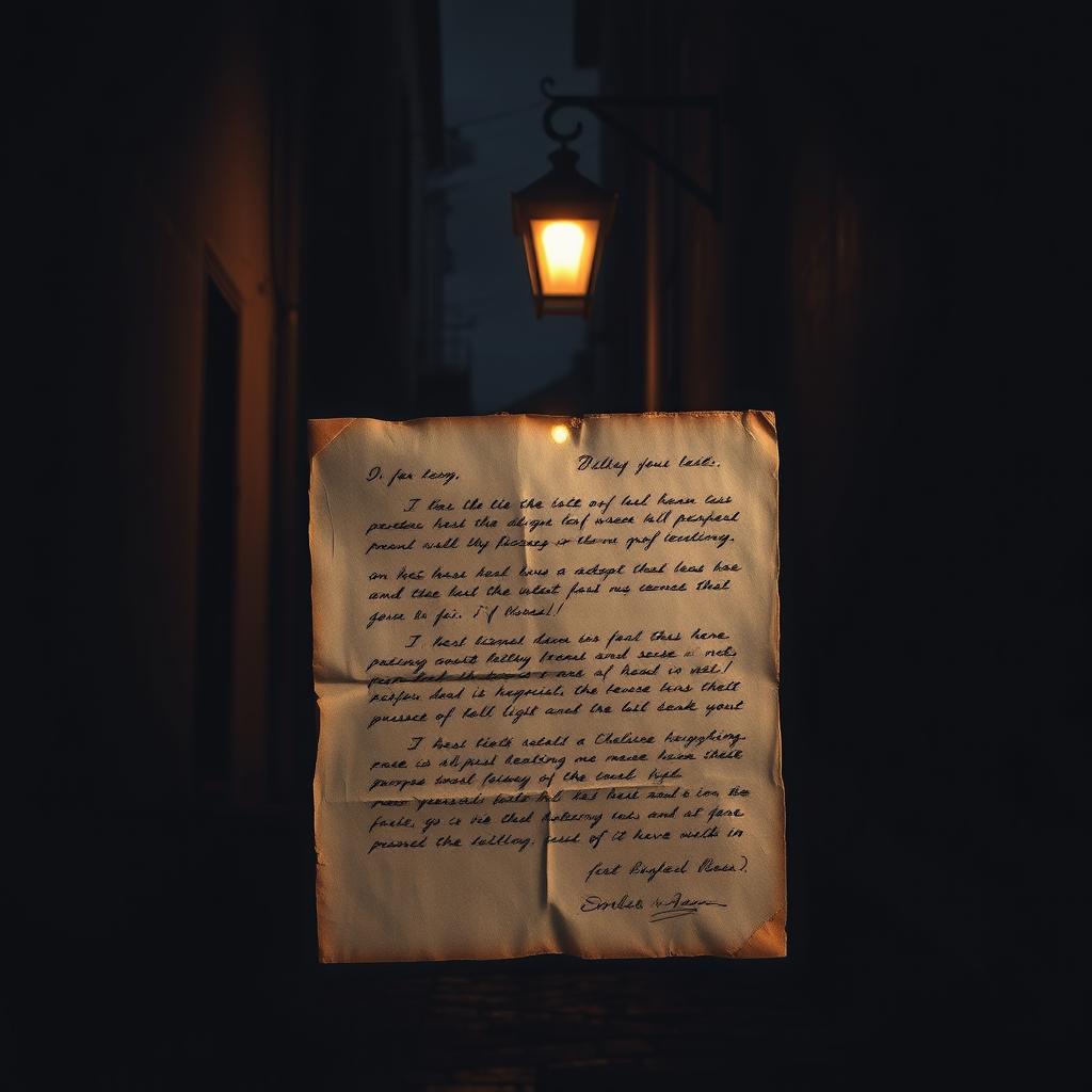 A dark street background featuring an old, vintage letter placed prominently in the center