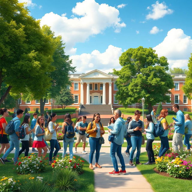 A vibrant and lively university campus scene, capturing the essence of student life