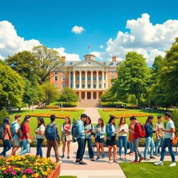 A vibrant and lively university campus scene, capturing the essence of student life