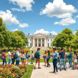 A vibrant and lively university campus scene, capturing the essence of student life