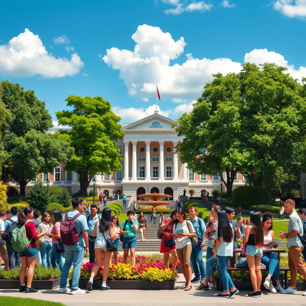 A vibrant and lively university campus scene, capturing the essence of student life