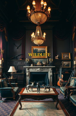 A grand royal setting, featuring lush velvet drapes and ornate, gilded furniture, filled with an impressive array of guns displayed elegantly throughout the room