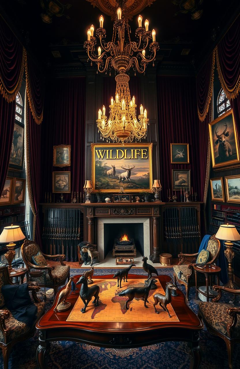 A grand royal setting, featuring lush velvet drapes and ornate, gilded furniture, filled with an impressive array of guns displayed elegantly throughout the room