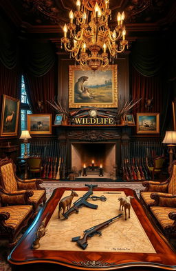 A grand royal setting, featuring lush velvet drapes and ornate, gilded furniture, filled with an impressive array of guns displayed elegantly throughout the room