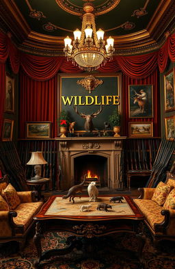 A grand royal setting, featuring lush velvet drapes and ornate, gilded furniture, filled with an impressive array of guns displayed elegantly throughout the room
