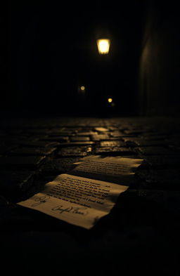 A dark street scene illuminated by the warm glow of a single street lamp, casting light onto a mysterious, old-fashioned letter lying on the ground