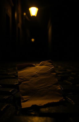 A dark street scene illuminated by the warm glow of a single street lamp, casting light onto a mysterious, old-fashioned letter lying on the ground