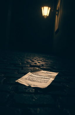 A dark street scene illuminated by the warm glow of a single street lamp, casting light onto a mysterious, old-fashioned letter lying on the ground