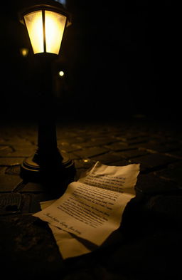 A dark street scene illuminated by the warm glow of a single street lamp, casting light onto a mysterious, old-fashioned letter lying on the ground
