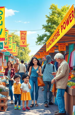 A vibrant marketplace scene depicting the concept of purchasing power, featuring various shoppers engaged in vibrant transactions