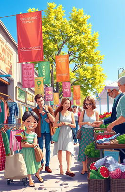 A vibrant marketplace scene depicting the concept of purchasing power, featuring various shoppers engaged in vibrant transactions