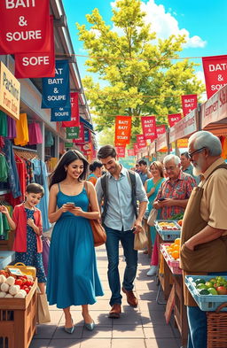 A vibrant marketplace scene depicting the concept of purchasing power, featuring various shoppers engaged in vibrant transactions