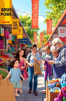 A vibrant marketplace scene depicting the concept of purchasing power, featuring various shoppers engaged in vibrant transactions