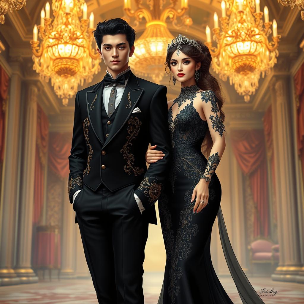 A pair of royal lovers in a fantasy setting, both elegantly dressed in striking black attire