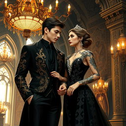 A pair of royal lovers in a fantasy setting, both elegantly dressed in striking black attire