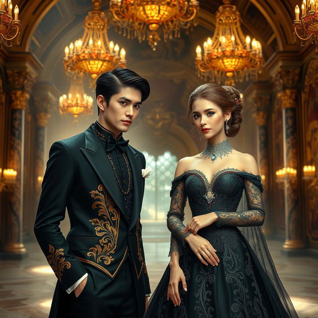 A pair of royal lovers in a fantasy setting, both elegantly dressed in striking black attire