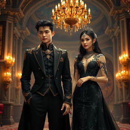 A pair of royal lovers in a fantasy setting, both elegantly dressed in striking black attire