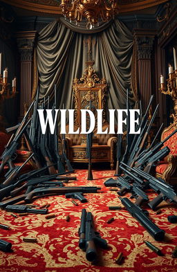 A grand and opulent royal setting filled with an array of meticulously arranged guns of various types, including rifles, pistols, and elegantly designed weaponry, alongside scattered bullets and ammunition artfully placed around the scene