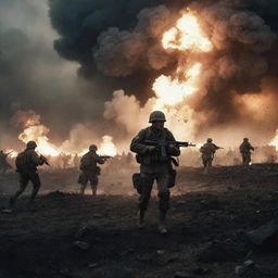 An intense battlefield scene capturing the emotion and chaos of war, with soldiers advancing, explosions lighting up the sky, yet no graphic violence or gruesome details