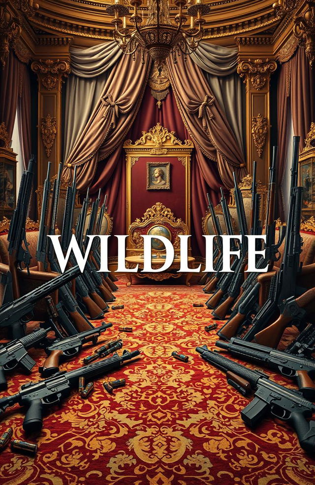 A grand and opulent royal setting filled with an array of meticulously arranged guns of various types, including rifles, pistols, and elegantly designed weaponry, alongside scattered bullets and ammunition artfully placed around the scene