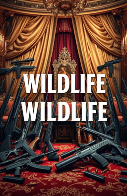 A grand and opulent royal setting filled with an array of meticulously arranged guns of various types, including rifles, pistols, and elegantly designed weaponry, alongside scattered bullets and ammunition artfully placed around the scene