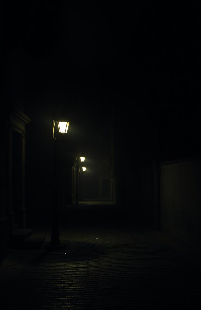 A dark, mysterious street at night, illuminated softly by a vintage street lamp casting gentle light onto the cobblestones, with shadows and hints of overhanging branches