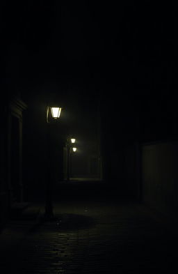 A dark, mysterious street at night, illuminated softly by a vintage street lamp casting gentle light onto the cobblestones, with shadows and hints of overhanging branches