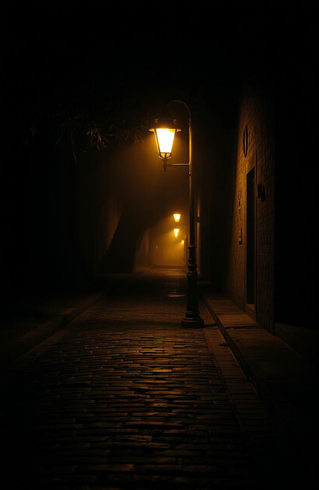 A dark, mysterious street at night, illuminated softly by a vintage street lamp casting gentle light onto the cobblestones, with shadows and hints of overhanging branches