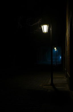 A dark, mysterious street at night, illuminated softly by a vintage street lamp casting gentle light onto the cobblestones, with shadows and hints of overhanging branches