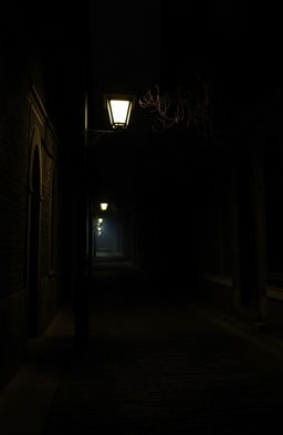 A dark, mysterious street at night, illuminated softly by a vintage street lamp casting gentle light onto the cobblestones, with shadows and hints of overhanging branches