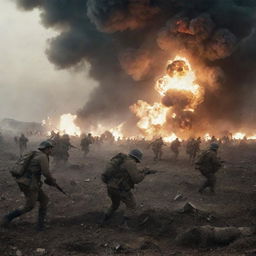 An intense battlefield scene capturing the emotion and chaos of war, with soldiers advancing, explosions lighting up the sky, yet no graphic violence or gruesome details