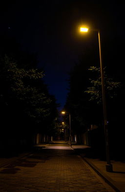 A nighttime street scene illuminated by a single streetlamp