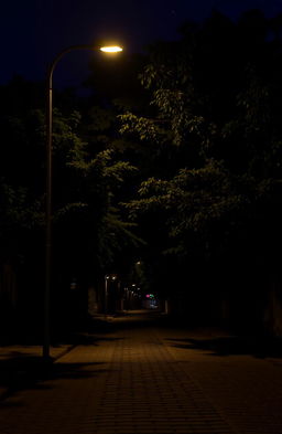 A nighttime street scene illuminated by a single streetlamp