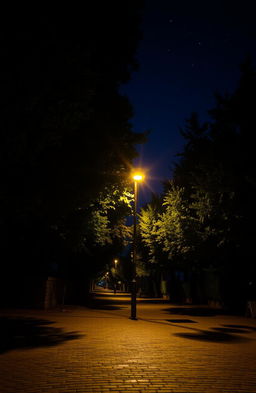 A nighttime street scene illuminated by a single streetlamp