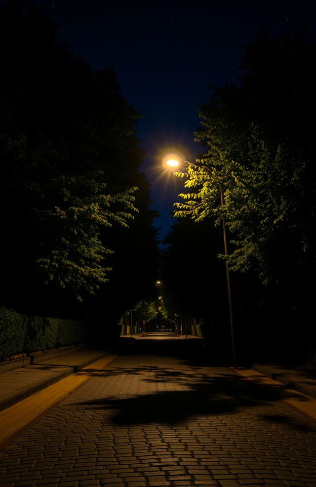 A nighttime street scene illuminated by a single streetlamp