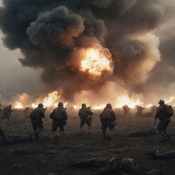 An intense battlefield scene capturing the emotion and chaos of war, with soldiers advancing, explosions lighting up the sky, yet no graphic violence or gruesome details