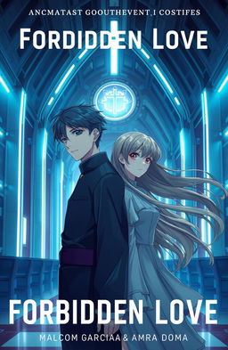 A futuristic album cover titled 'Forbidden Love' by Malcom Garcia & Amara Doma