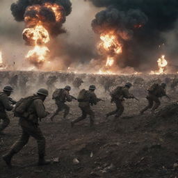 An intense battlefield scene capturing the emotion and chaos of war, with soldiers advancing, explosions lighting up the sky, yet no graphic violence or gruesome details