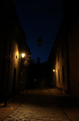 A nighttime scene of an old street illuminated by a vintage street lamp