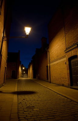 A nighttime scene of an old street illuminated by a vintage street lamp