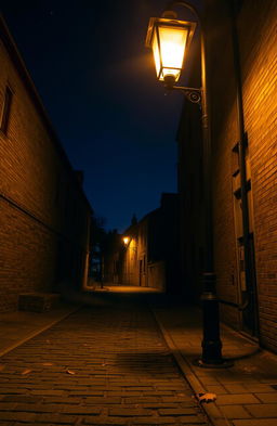 A nighttime scene of an old street illuminated by a vintage street lamp