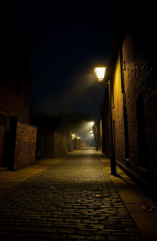 A nighttime scene of an old street illuminated by a vintage street lamp