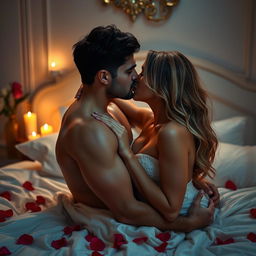 An intimate bedroom scene featuring a passionate couple sharing an affectionate kiss
