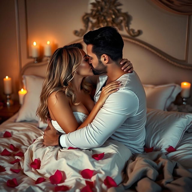 An intimate bedroom scene featuring a passionate couple sharing an affectionate kiss