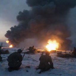 A cinematic representation of the Battle for Avdiivka: soldiers entrenched, artillery fire lighting up the sky, showing the intensity and struggle without explicit violence