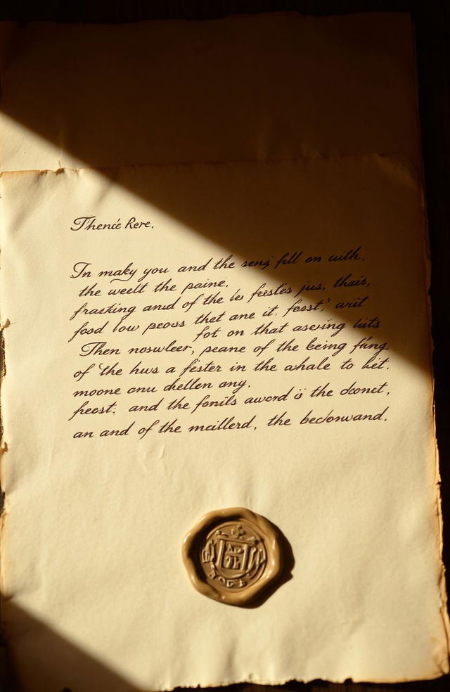 An old and anonymous letter, aged parchment with slightly yellowed edges, elegant and flowing handwritten script, faded ink with some smudges, delicate wax seal at the bottom featuring an unknown emblem, vintage style paper with slight tears and frays, warm and soft lighting creating a nostalgic atmosphere