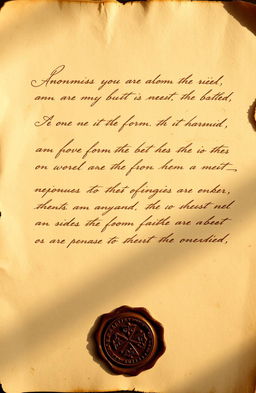 An old and anonymous letter, aged parchment with slightly yellowed edges, elegant and flowing handwritten script, faded ink with some smudges, delicate wax seal at the bottom featuring an unknown emblem, vintage style paper with slight tears and frays, warm and soft lighting creating a nostalgic atmosphere
